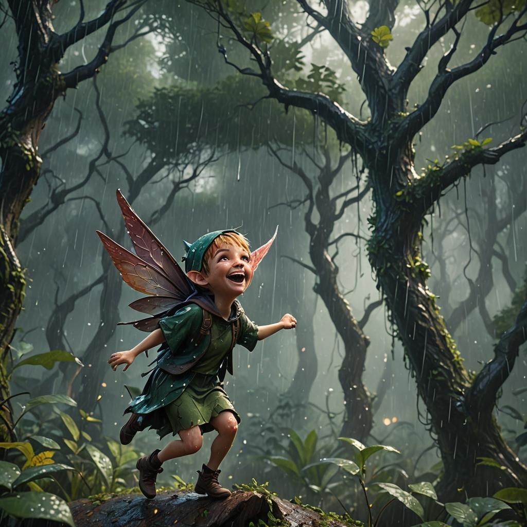 Pixie Laughing in Rainstorm in Magical Forest