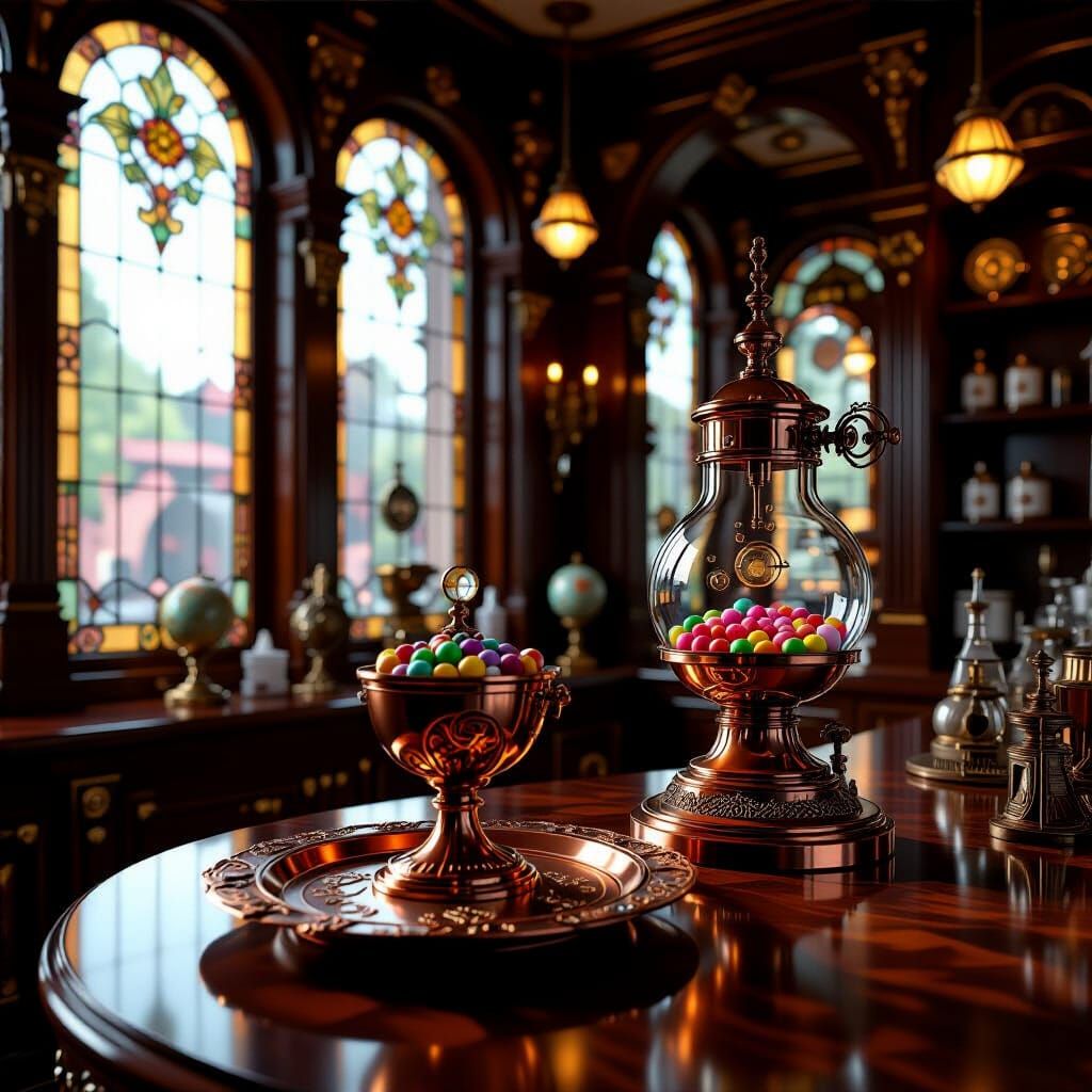Steampunk Apothecary Candy Shop with Art Deco Sculpture