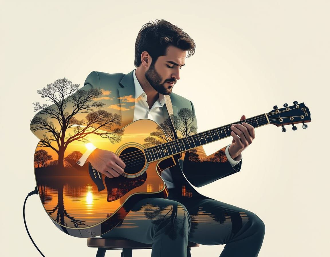 Acoustic Guitar and Man Silhouette Double Exposure