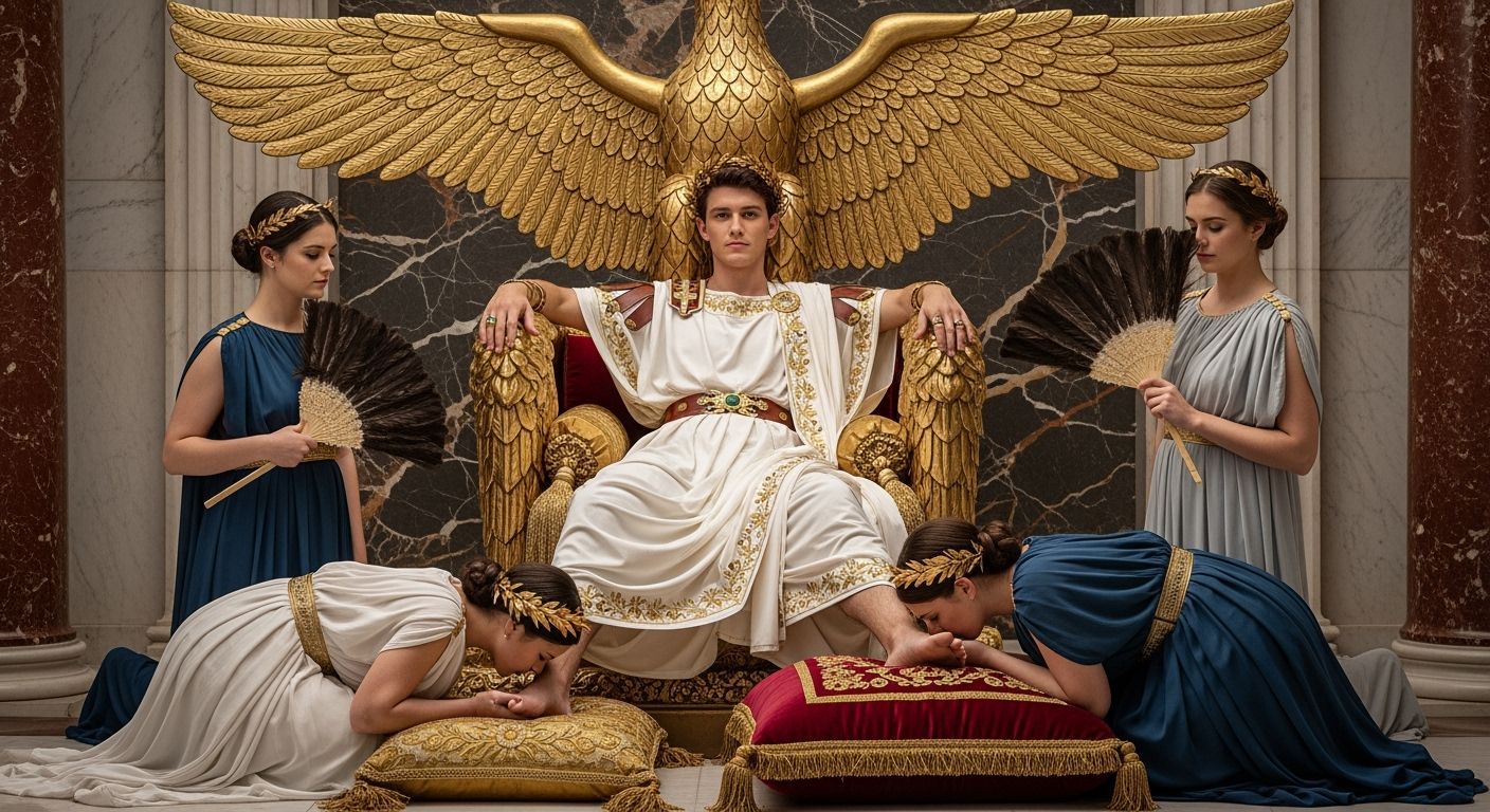 Young Emperor on Eagle Throne in Palace Room