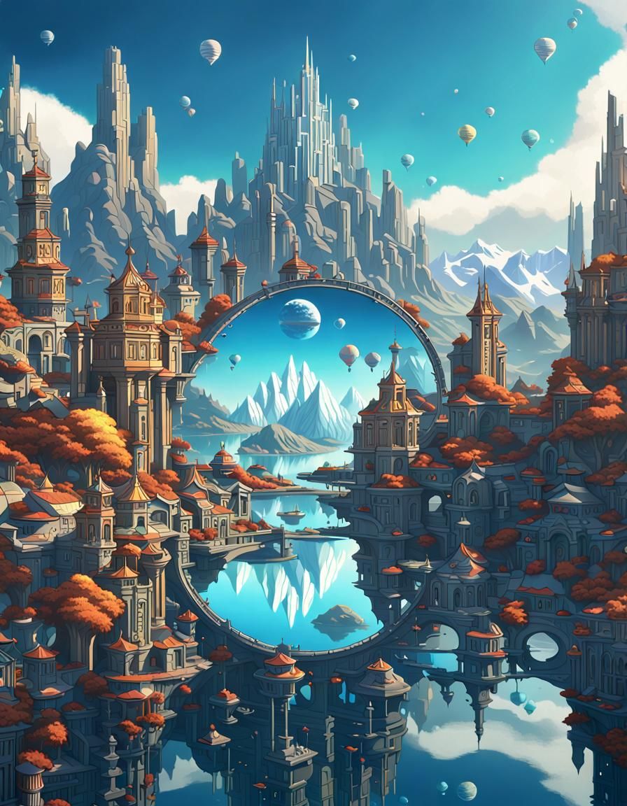 Futuristic City on Mountain Lake, Detailed Matte Painting