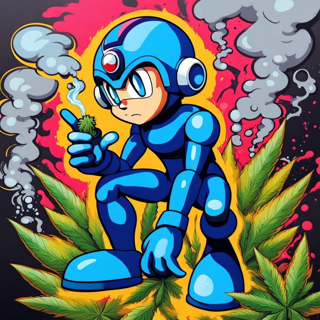 Mega-Man Smoking Cannabis in Graffiti Art Style