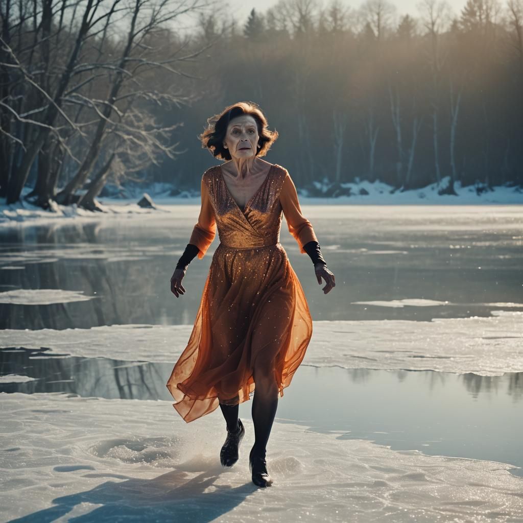 Elderly Skater Glides on Frozen Lake in Winter Light