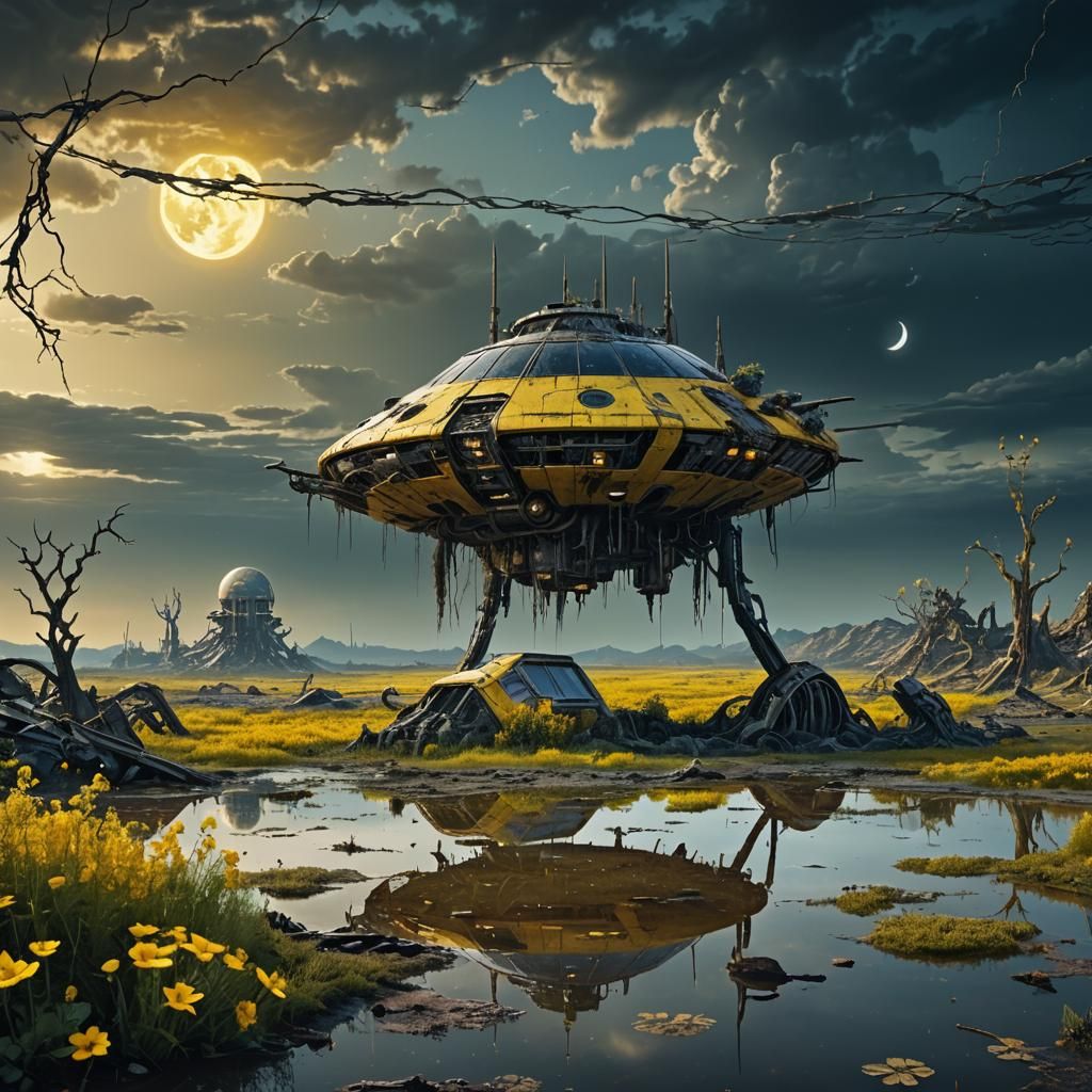Post-Apocalyptic Spacecraft in Alien Landscape, Detailed Mat...