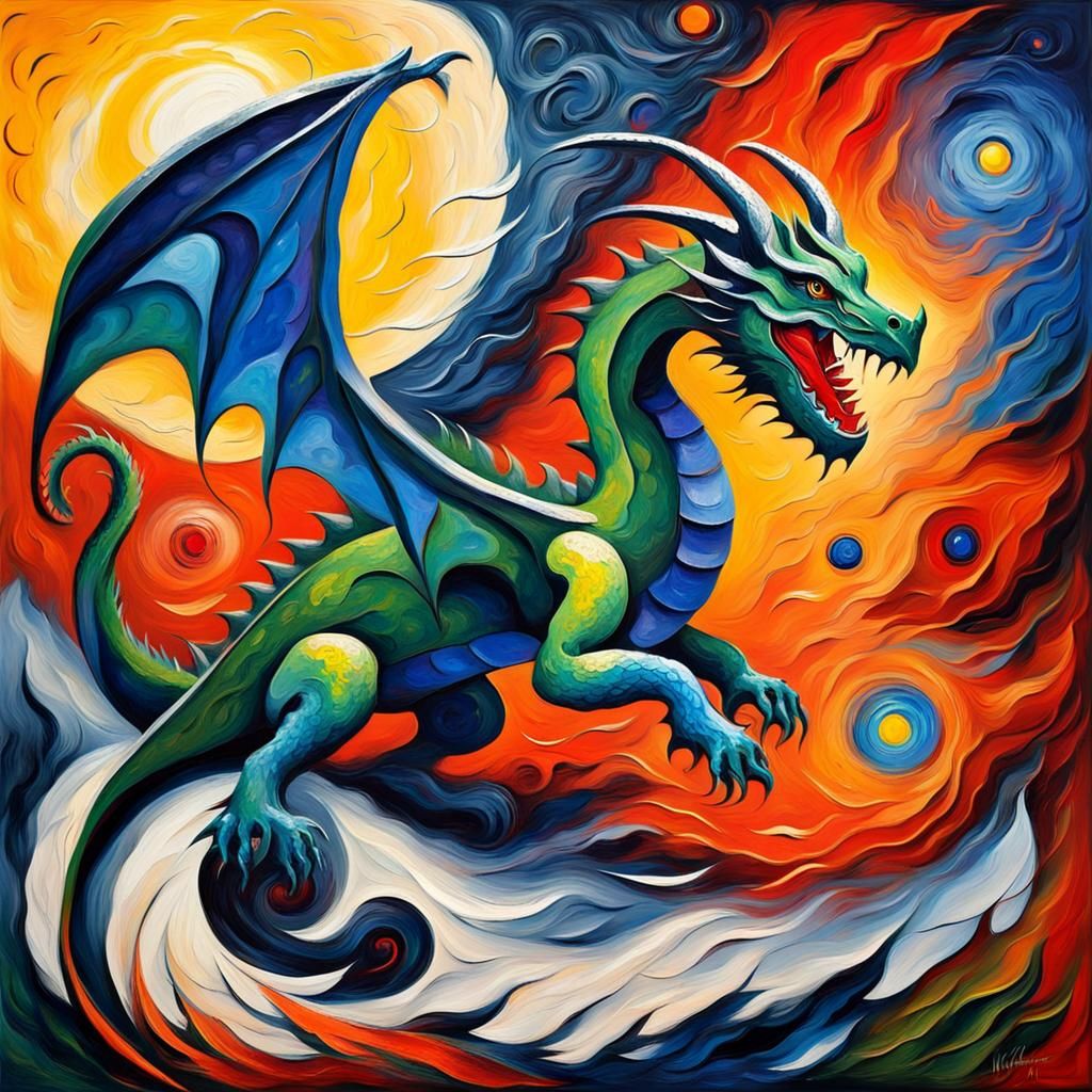 Dragon in Wind Storm: Vivid Impasto Oil Painting