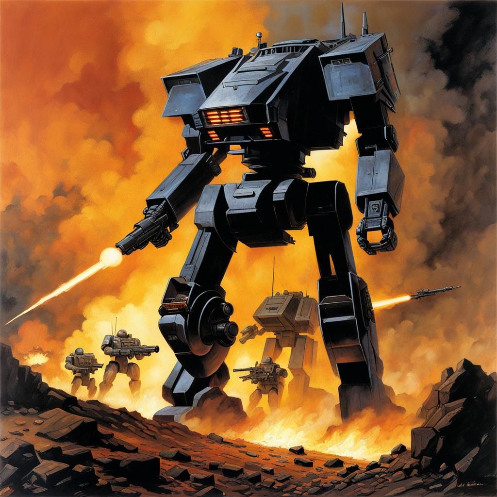 Battlemech on Battlefield in Sci-Fi Illustration Style