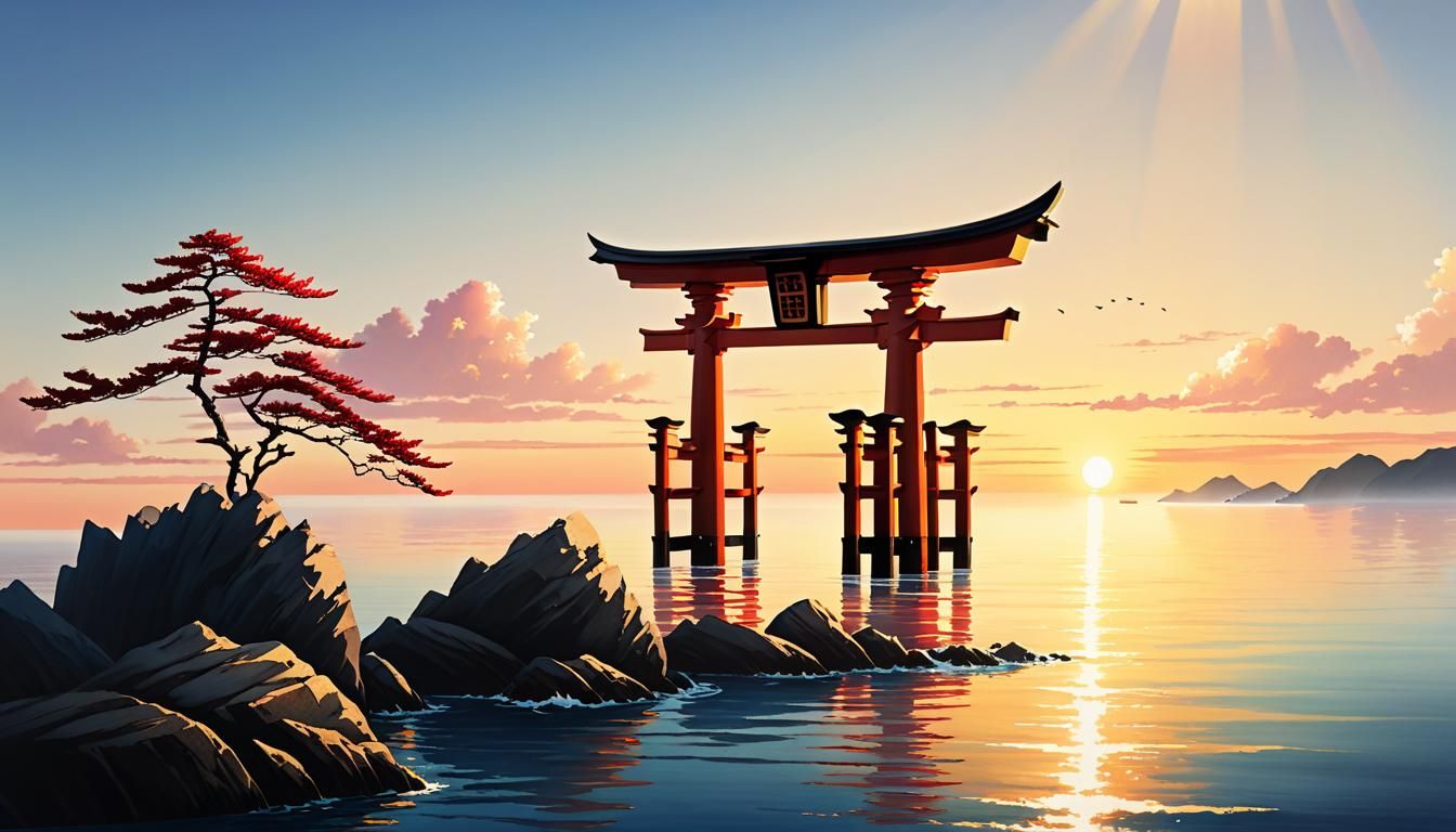 Ocean Torii Gate at Golden Hour: Sumie Style