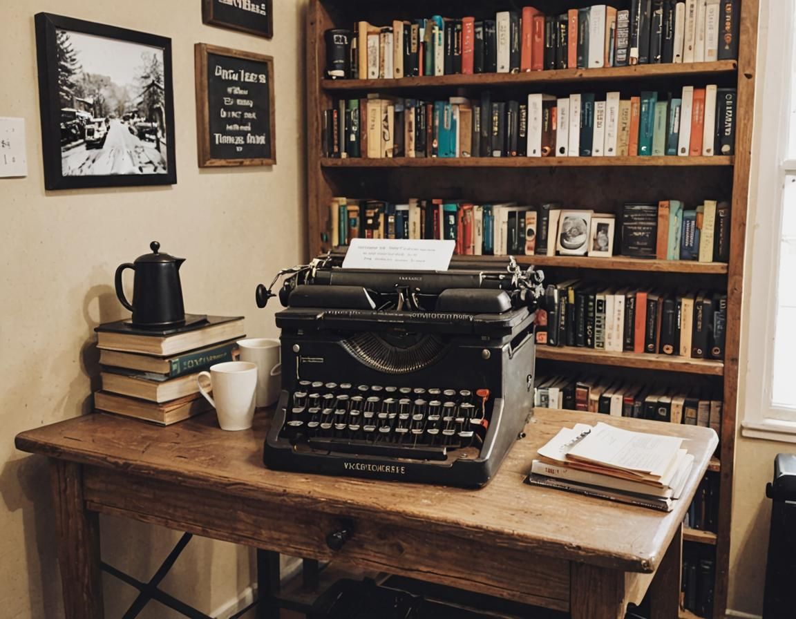 Cozy Coffeehouse Scene with Typewriter and Bookshelf