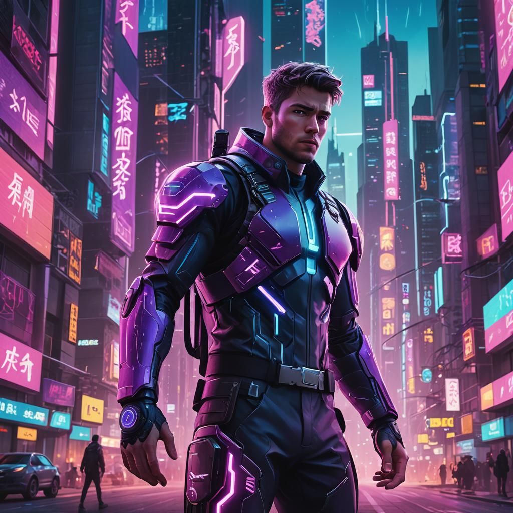 Futuristic Male Portrait in Neon Cityscape