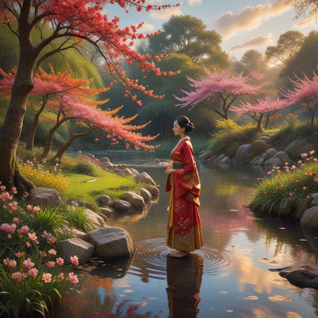 Asian Woman Surrounded by Red Cherry Blossoms in a Peaceful...