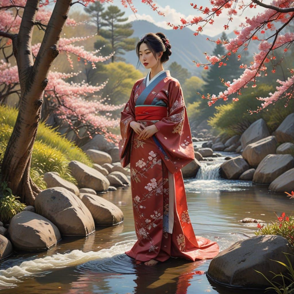 Asian Woman in Traditional Hanbok Under Cherry Blossoms