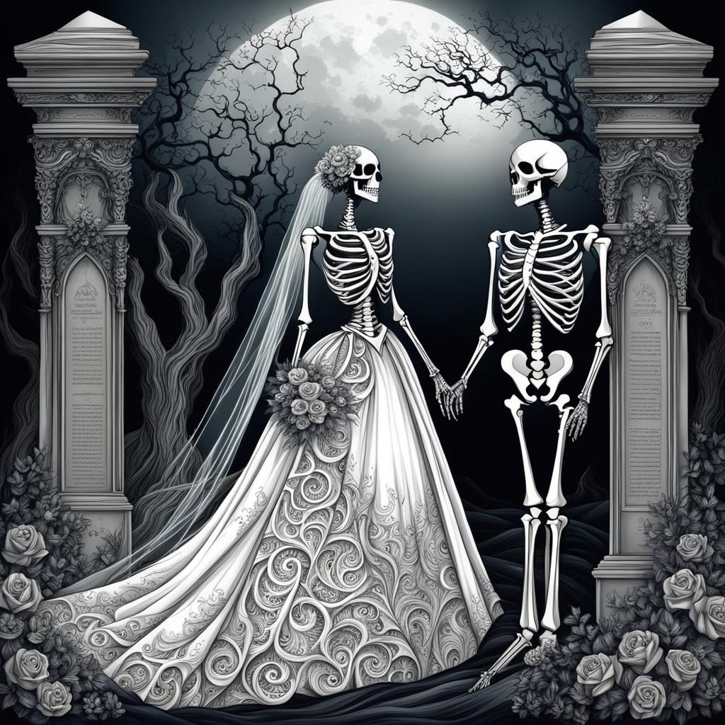 Gothic Skeleton Bride and Groom in Graveyard