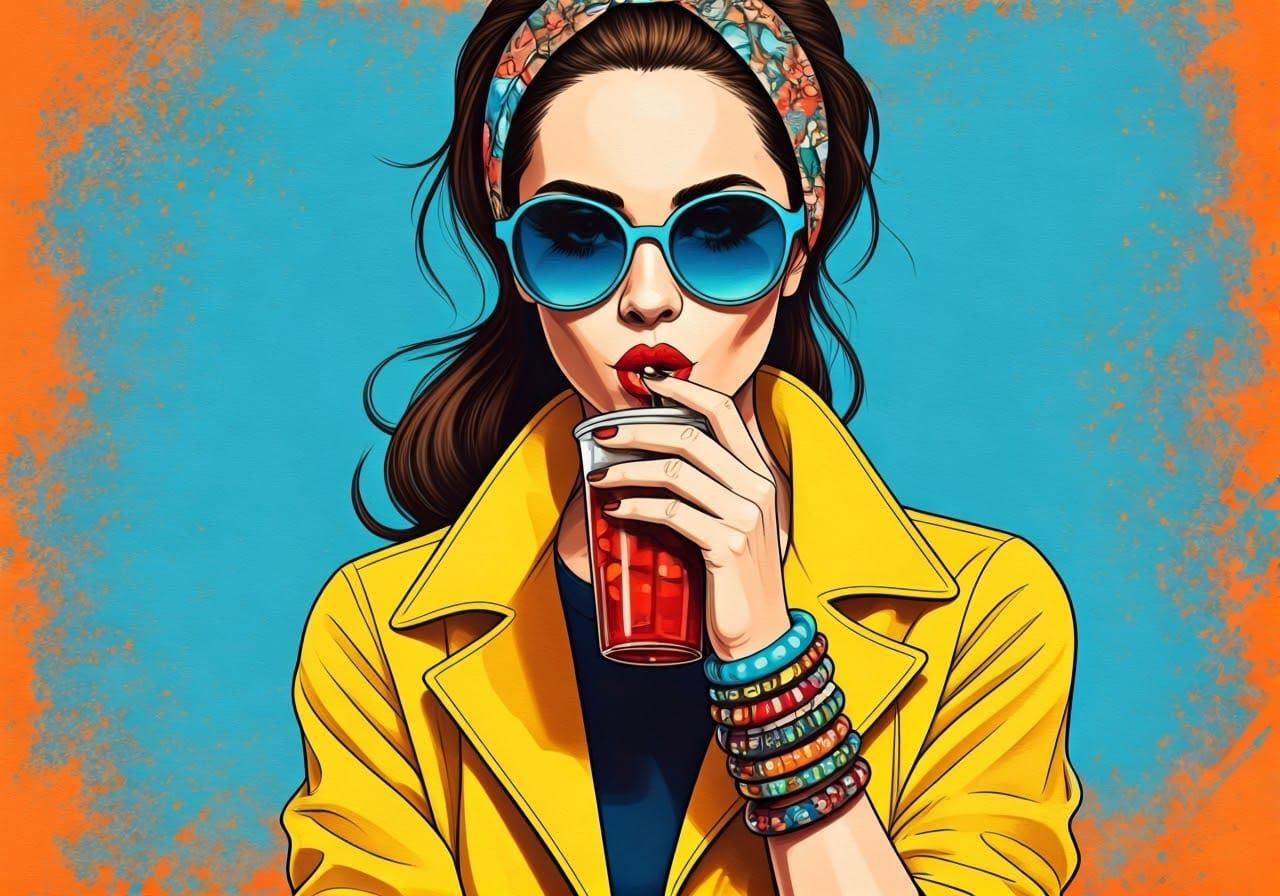 Vibrant Woman in Yellow Jacket Sipping Drink with Floral Hea...