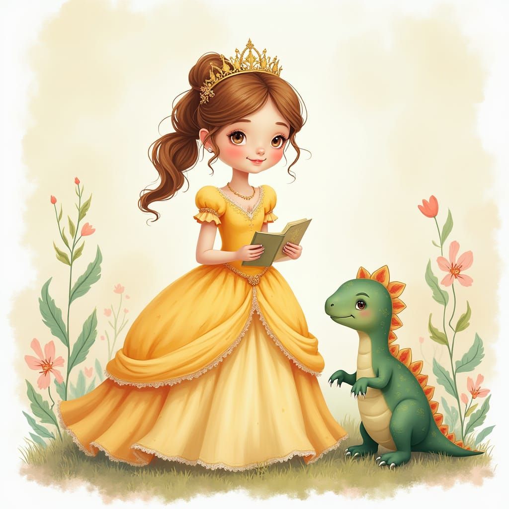 Princess with Dinosaur Friend in Dreamy Pastel Style