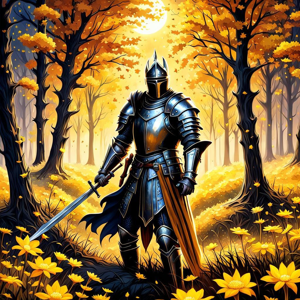 Dark Souls Knight in Autumn Meadow: Watercolor Gothic Art