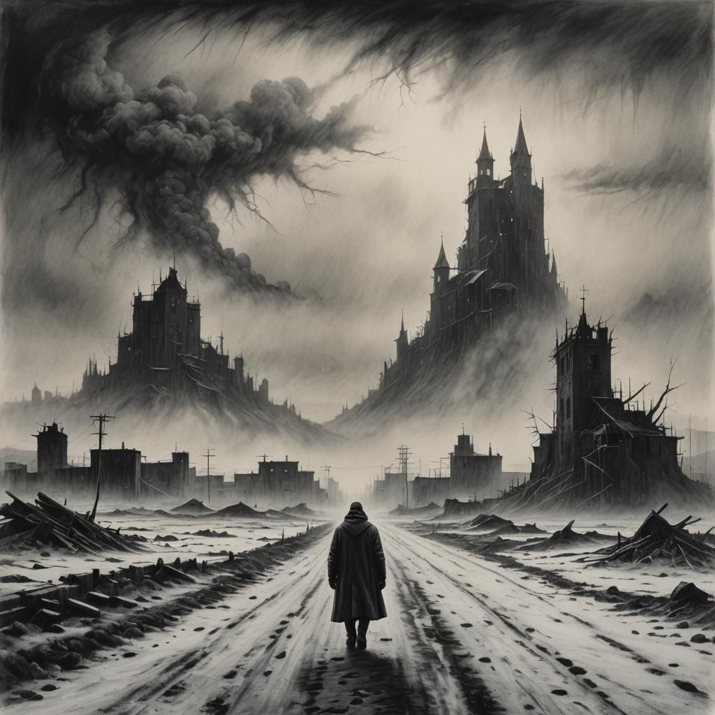 Haunted Post Apocalyptic Cityscape in Charcoal