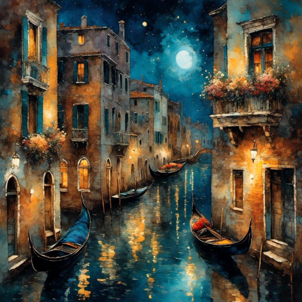 Venice at Night in Van Gogh Style