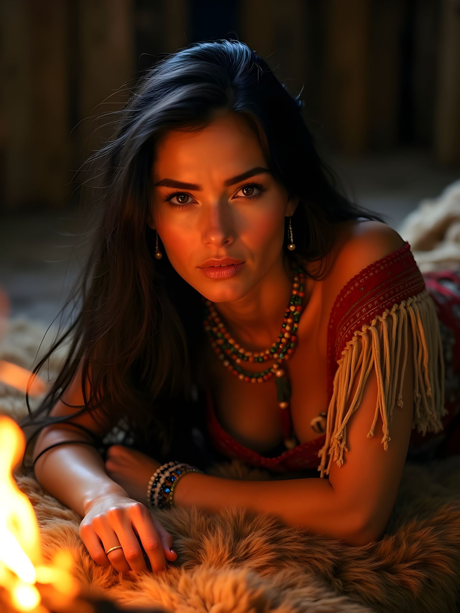 Captivating Native American Woman in Firelight Tipi