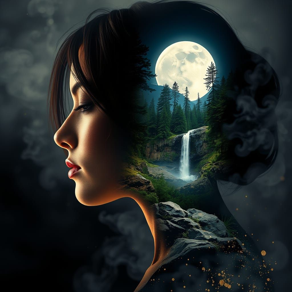 Ethereal Double Exposure: Woman and Forest Landscape
