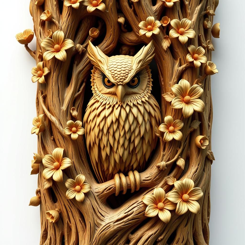 Detailed Wood Carving of Owl in Fantasy Tree