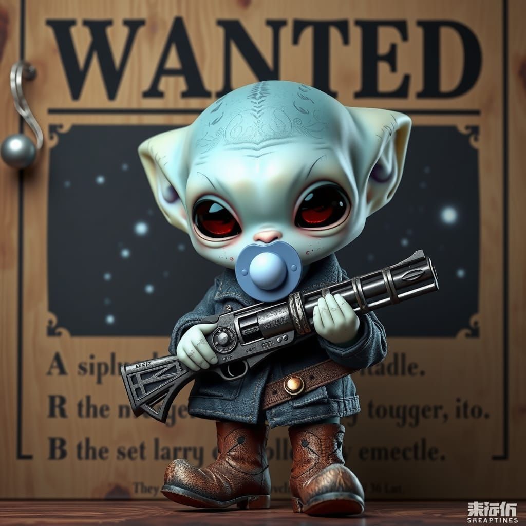 Hyperreal Anime Alien Baby Cowboy with Laser Gun