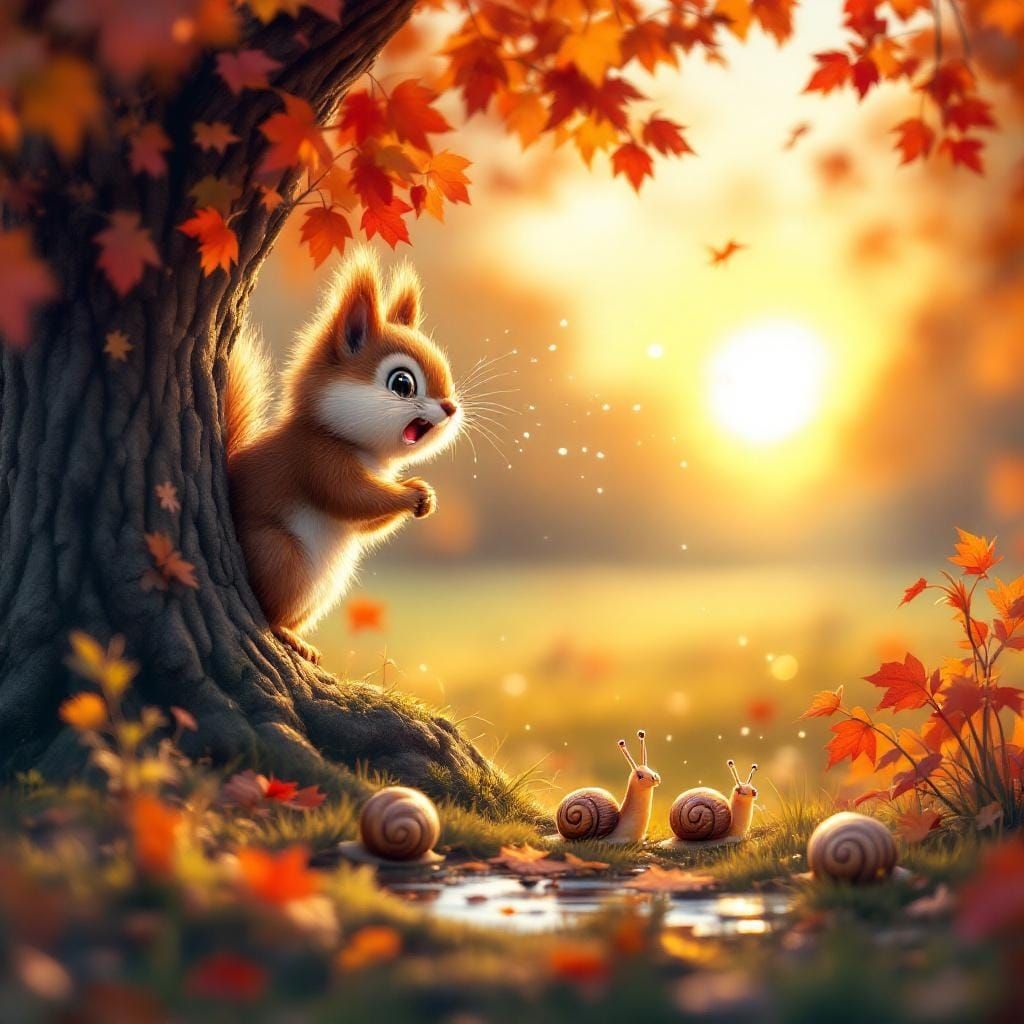 Cute Squirrel Prank in Autumn Sunset: 8k Photo