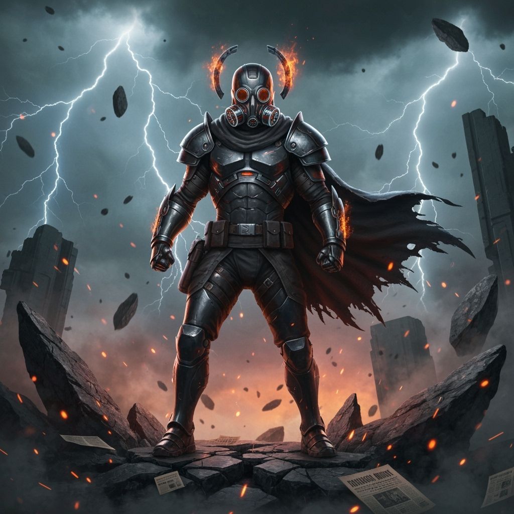 Masked Warrior on Ruins in Stormy Skies