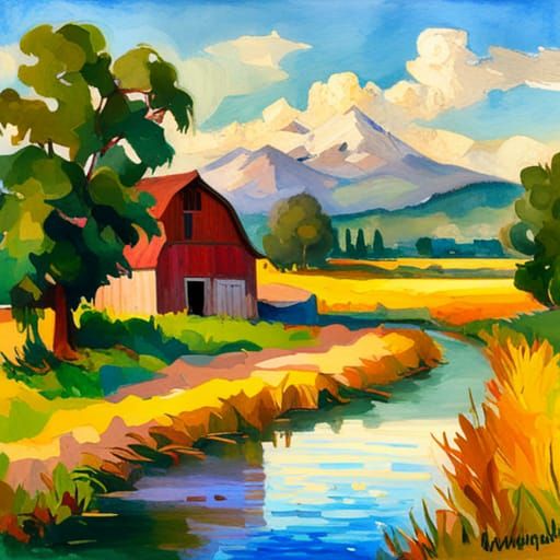 Farm by Lake: Gouache Watercolor Impressionist Masterpiece