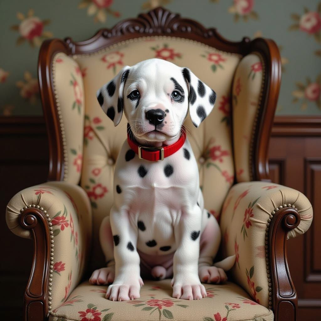 Hyperrealistic Dalmatian Puppy on Vintage Armchair