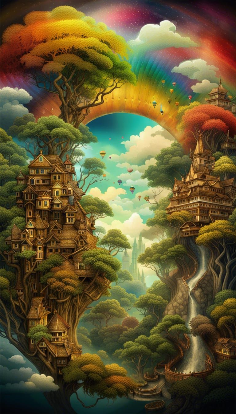 Clockpunk Tree in Magical Rainbow Landscape