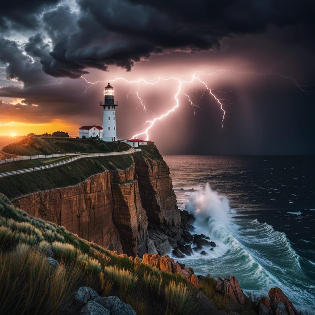 Lighthouse in Lightning Storm at Sunset