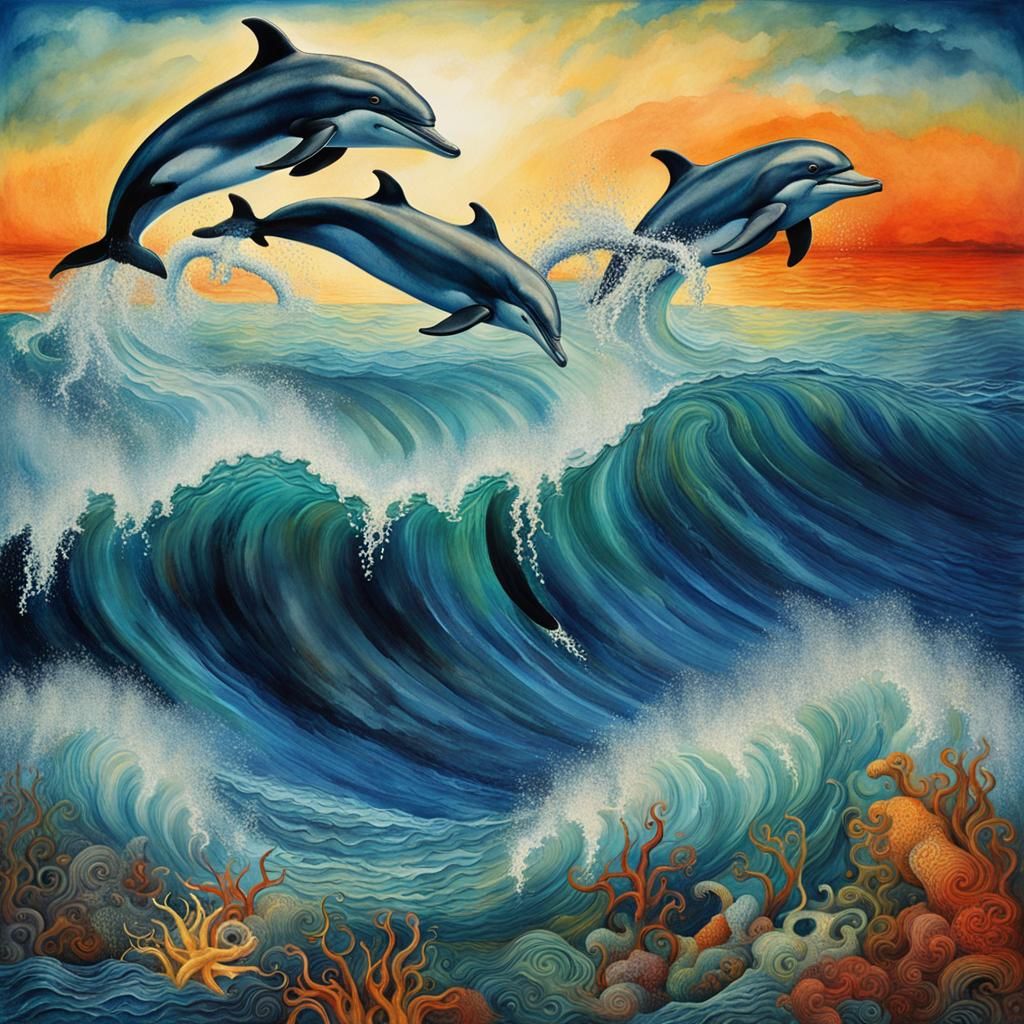 Ocean Waves and Dolphins in Warm Surreal Colors