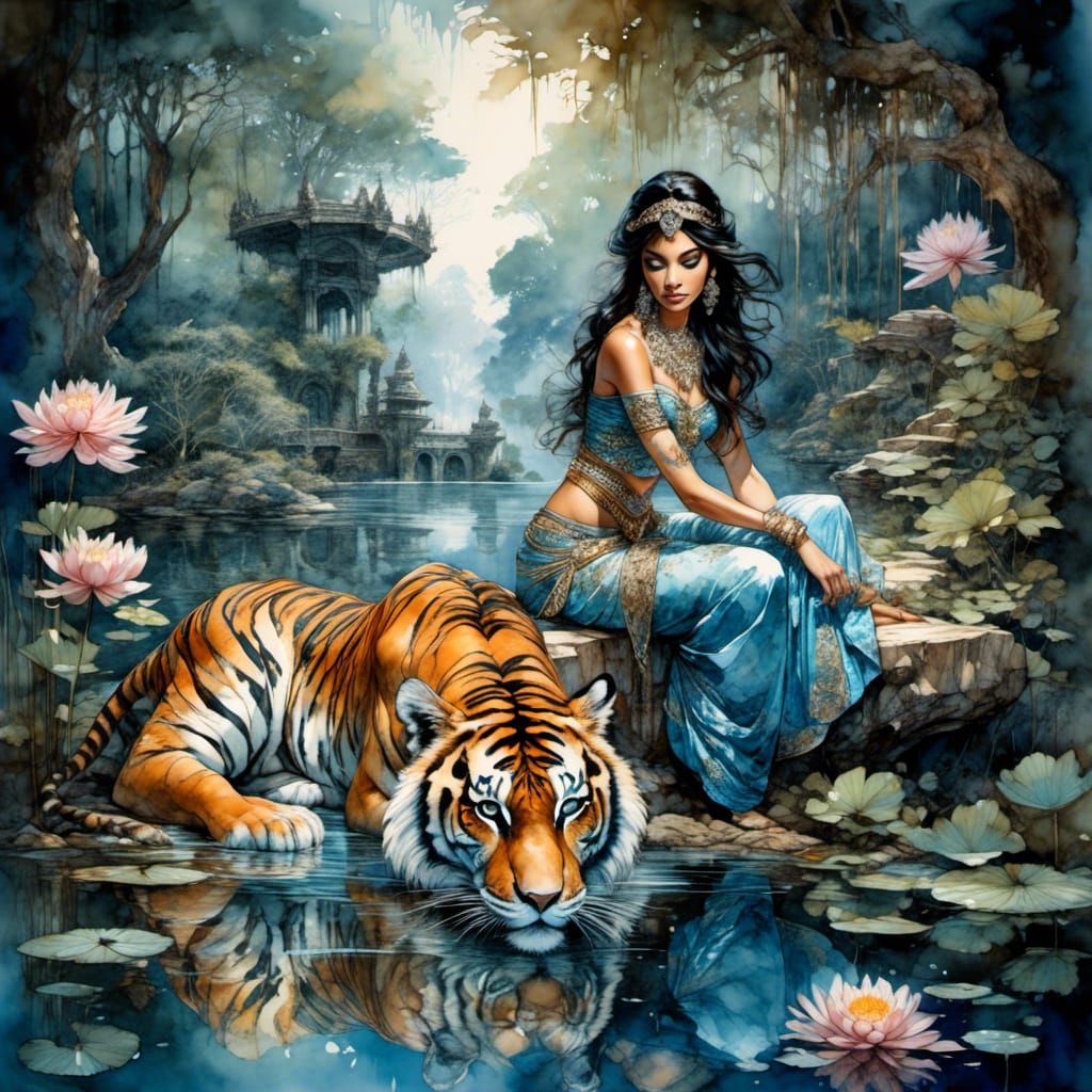 Princess Jasmine and Raja in Watercolor Forest