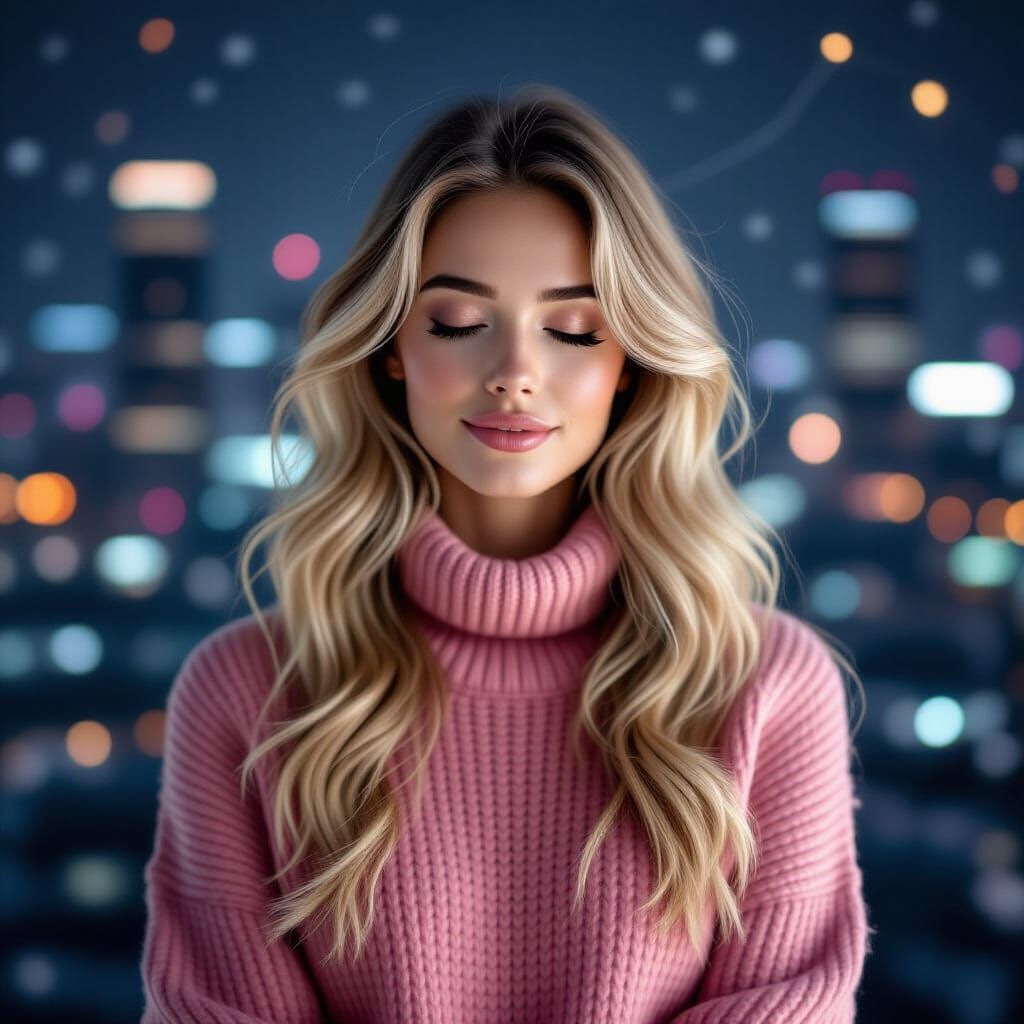 Knitted Robot Woman in Cityscape, Oil Painting Style