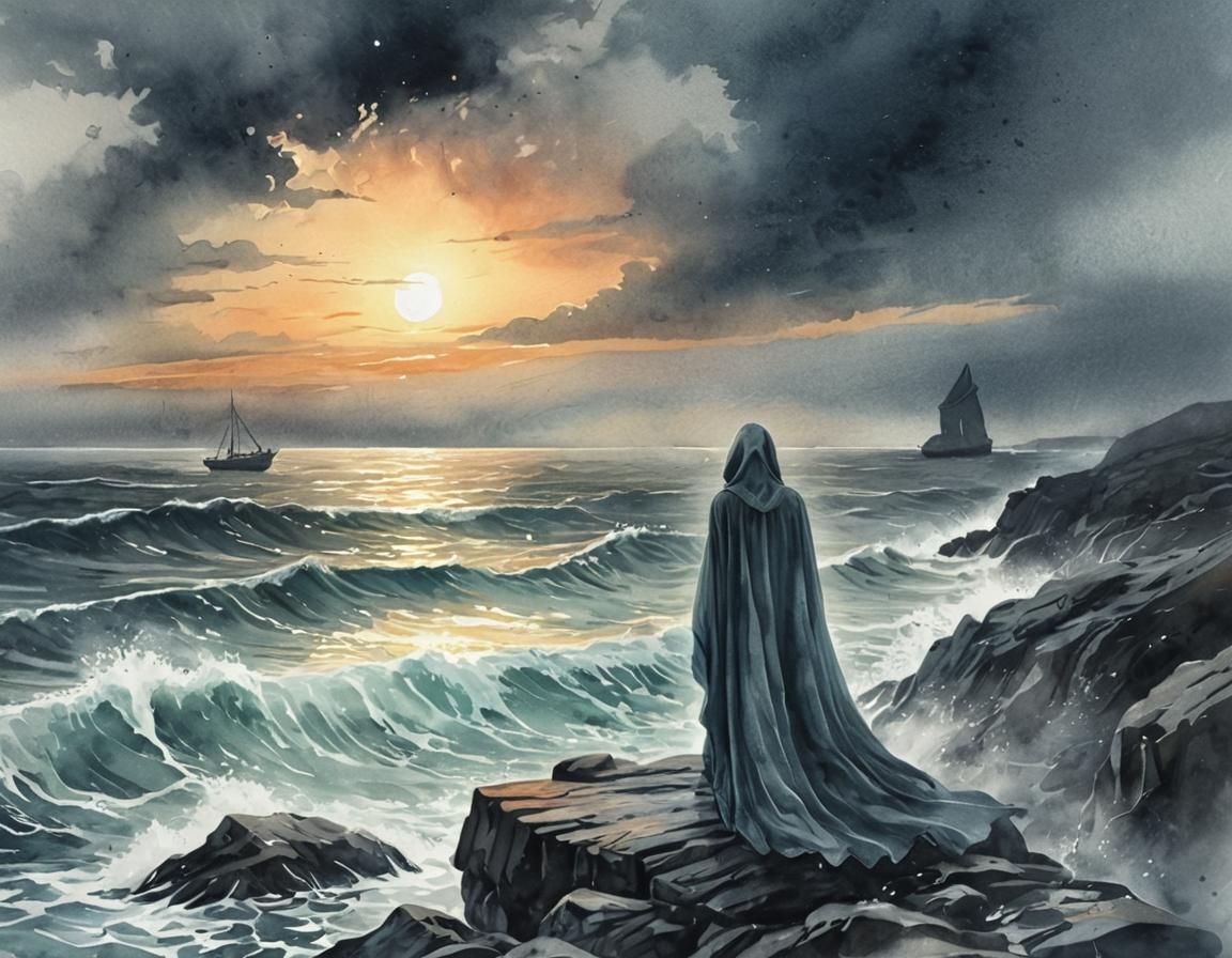 Hooded Ghost on Stormy Coast: Watercolour Illustration