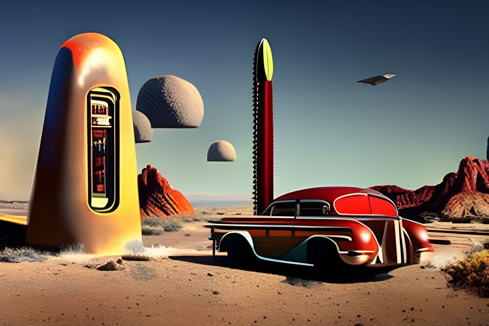 Post-Apocalyptic Desert Gas Station Under Alien Invasion