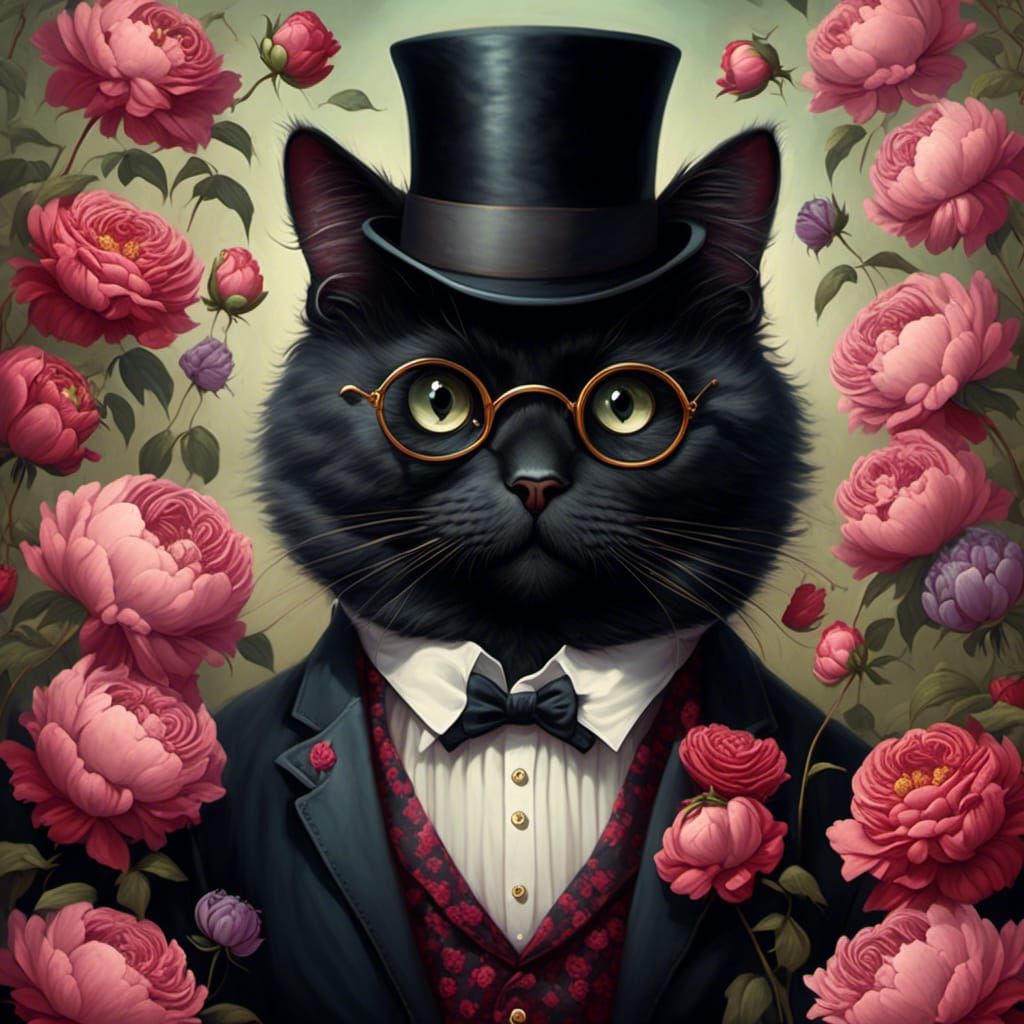 Whimsical Cat in Tuxedo with Peonies