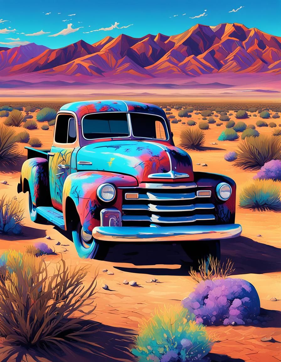 Graffiti Pickup in Death Valley, Hyperrealistic Style