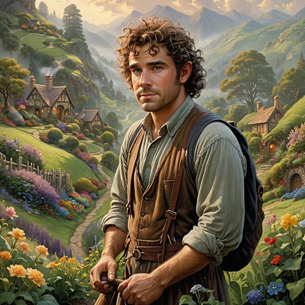 Hobbit Gardener in Ethereal Fantasy Landscape
