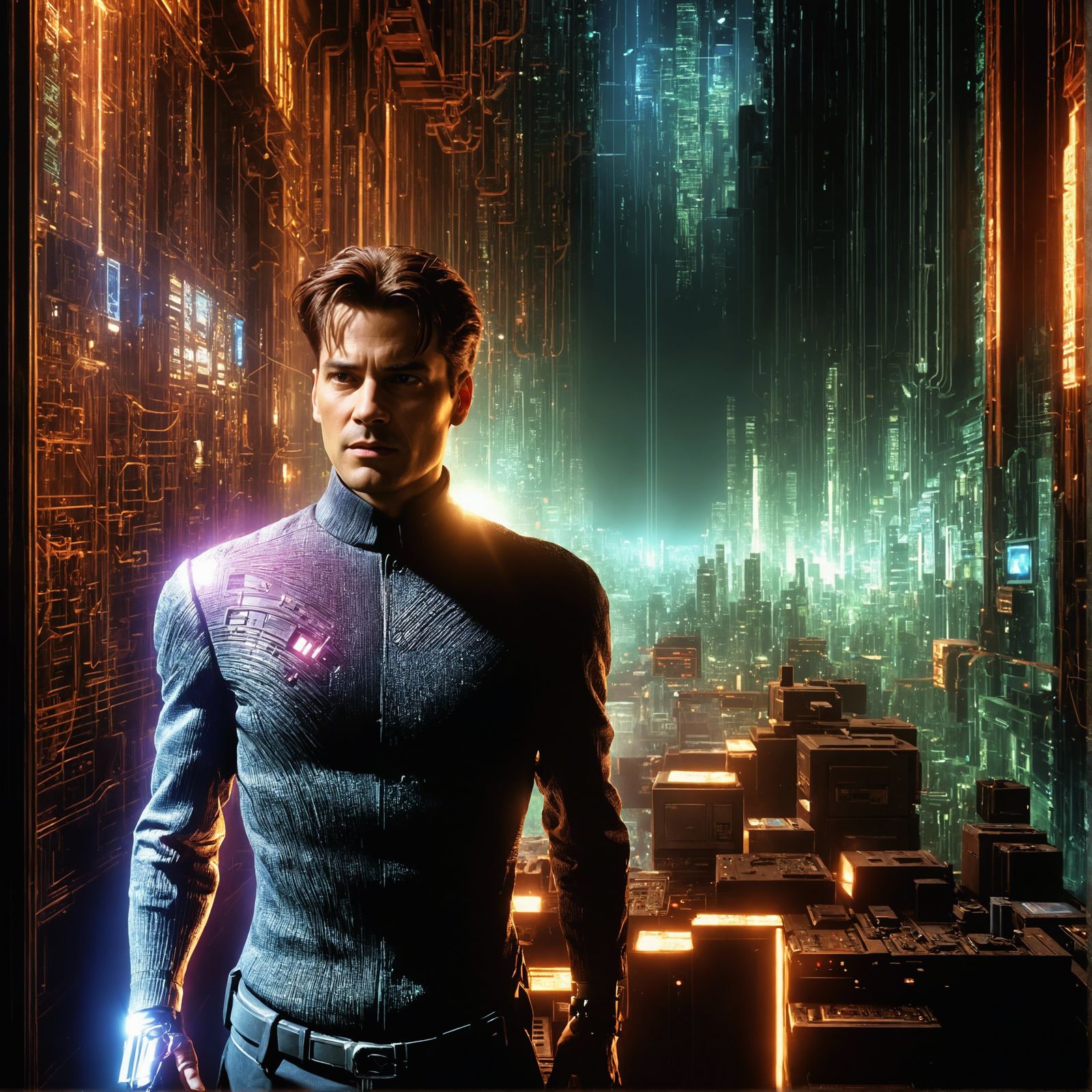 Johnny Mnemonic, with his trademark brown hair, awakens in the depths of the Matrix. The scene is intricately detailed, ...