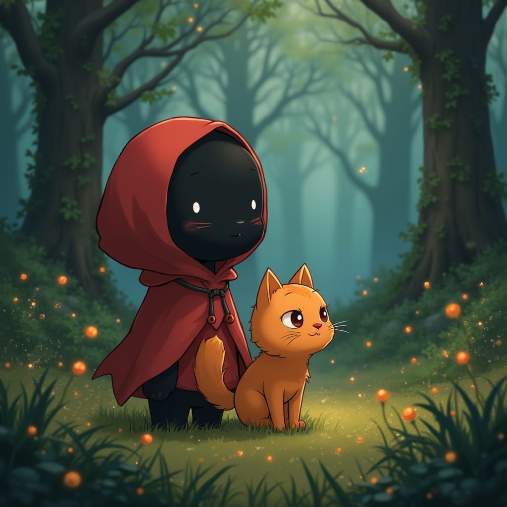 Enchanted Forest Encounter: Whimsical Spirit and Feline Frie...