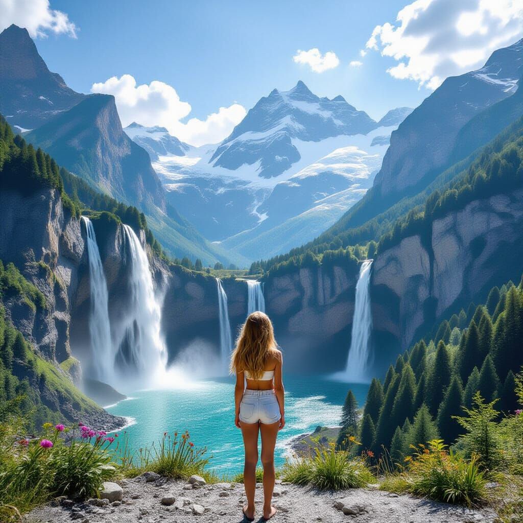Girl Gazes at Dazzling Swiss Alps Waterfalls