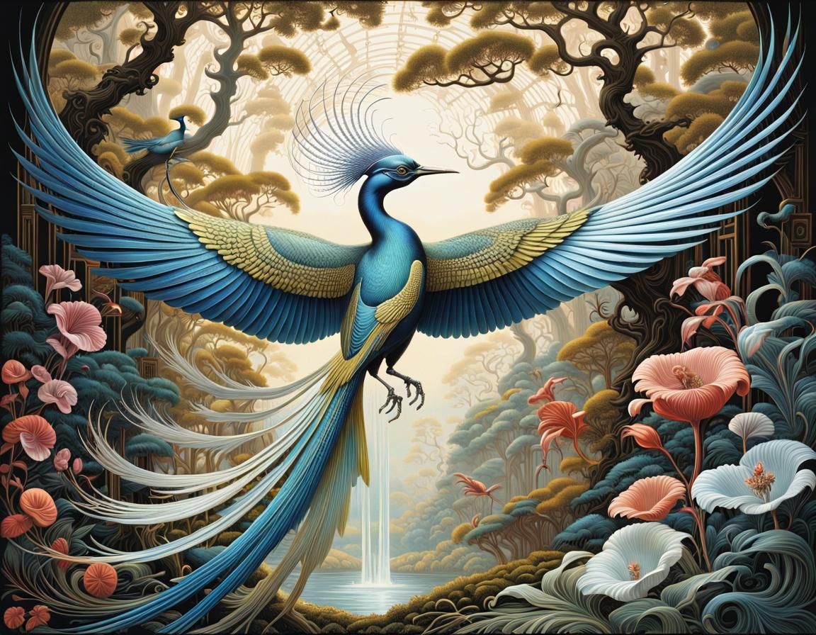 Exotic Paradise Bird in Magical Forest, Hyperdetailed Art