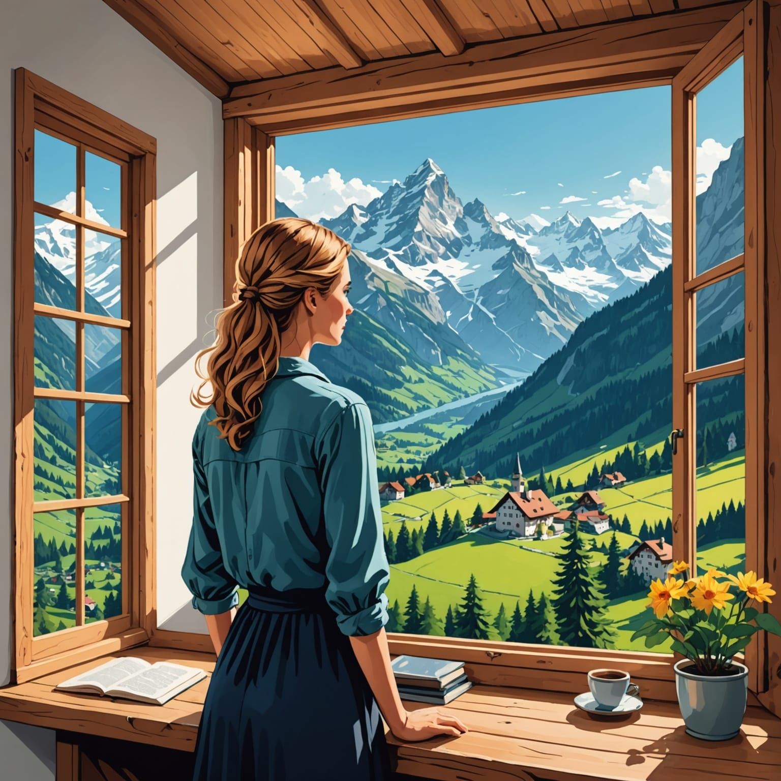 Heidi Gazes at Swiss Alps from Loft Window