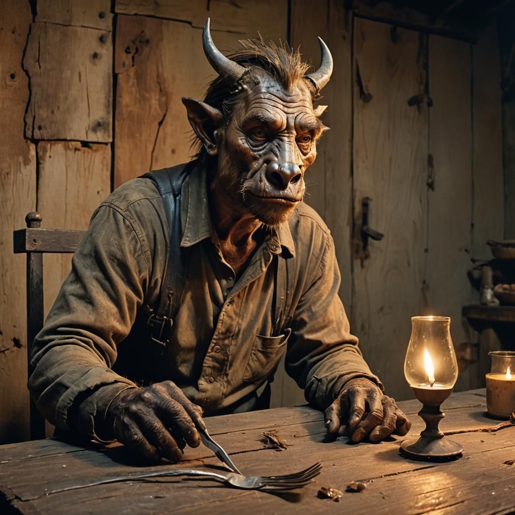 Surreal Warthog Man Contemplates a Fork