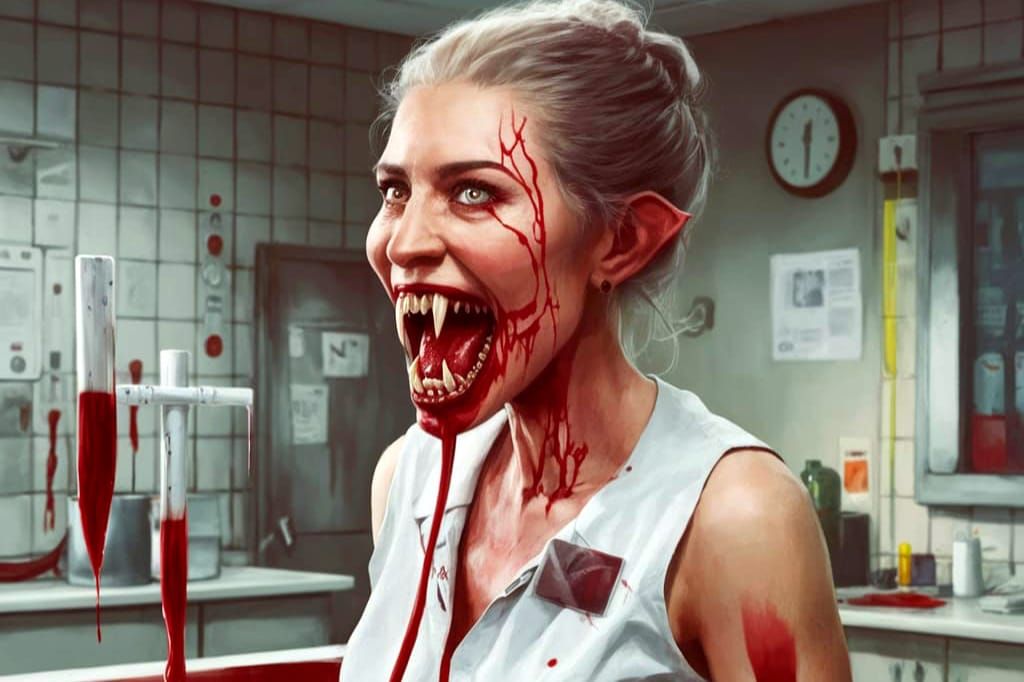 Gothic Vampire Phlebotomist in Maximalist Blood Bank