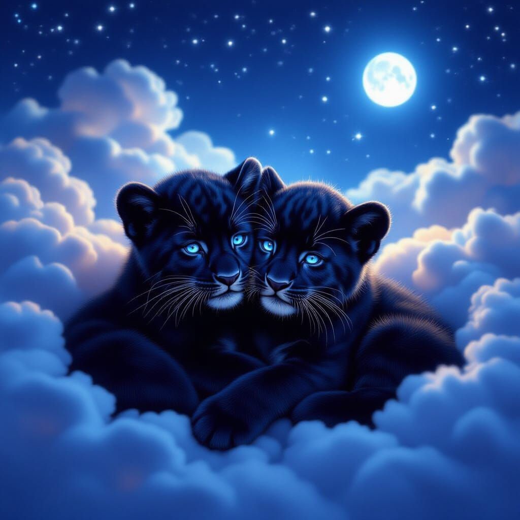 Two Black Panther Cubs Cuddle Under Starry Night Sky
