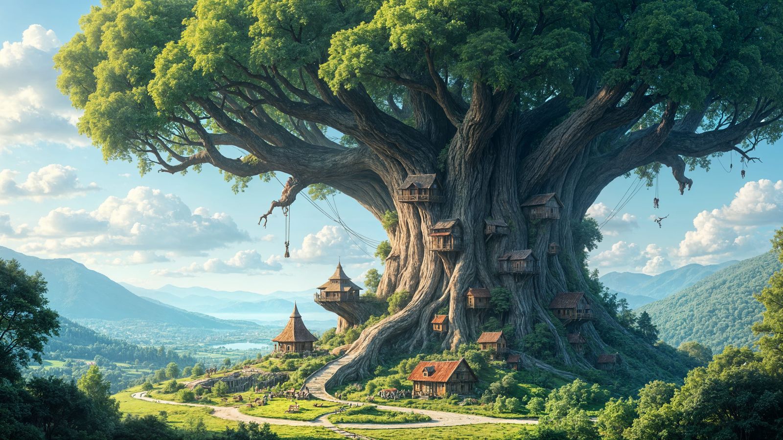 Colossal Tree Towers over Idyllic Landscape in Vibrant Medie...