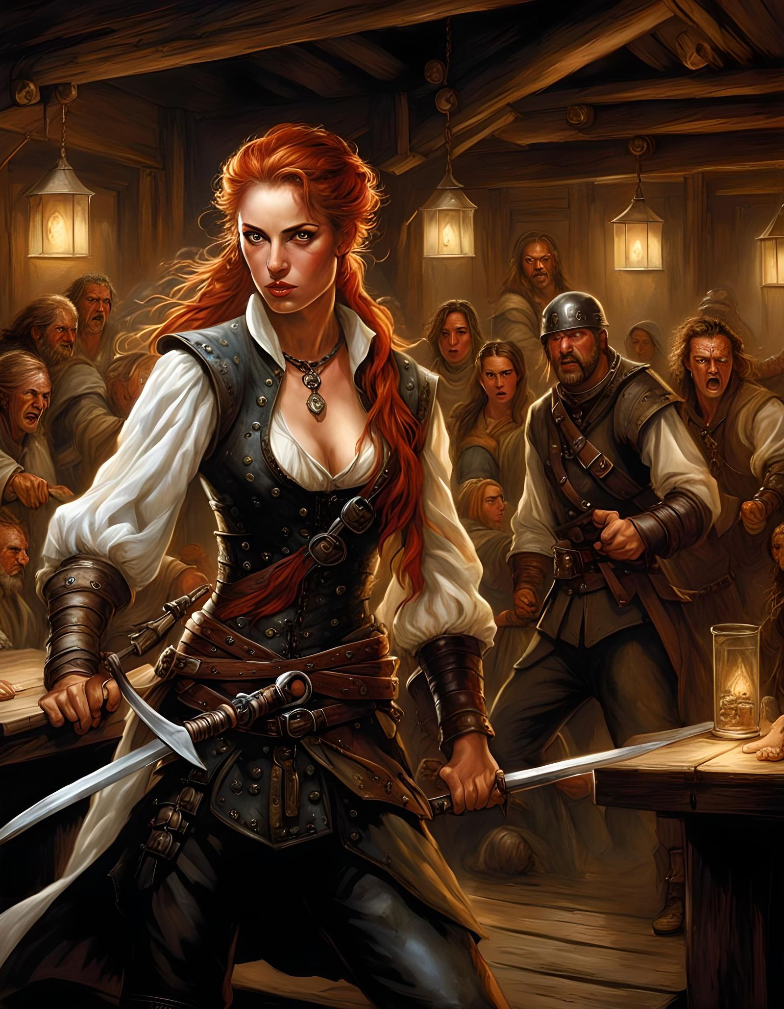 Angry Adventuress Tavern Brawl Portrait in Dark Fantasy Styl...