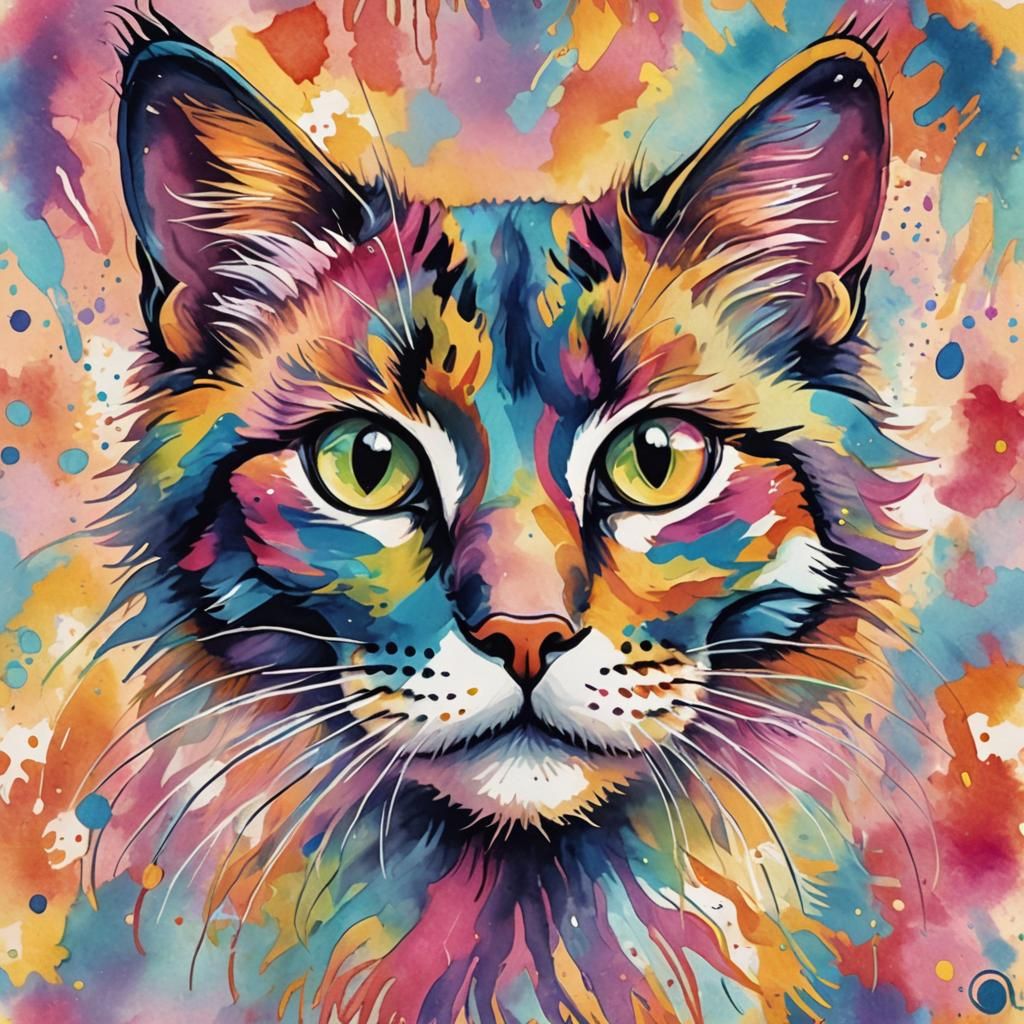 Vibrant Cat Face in Lisa Frank Colors
